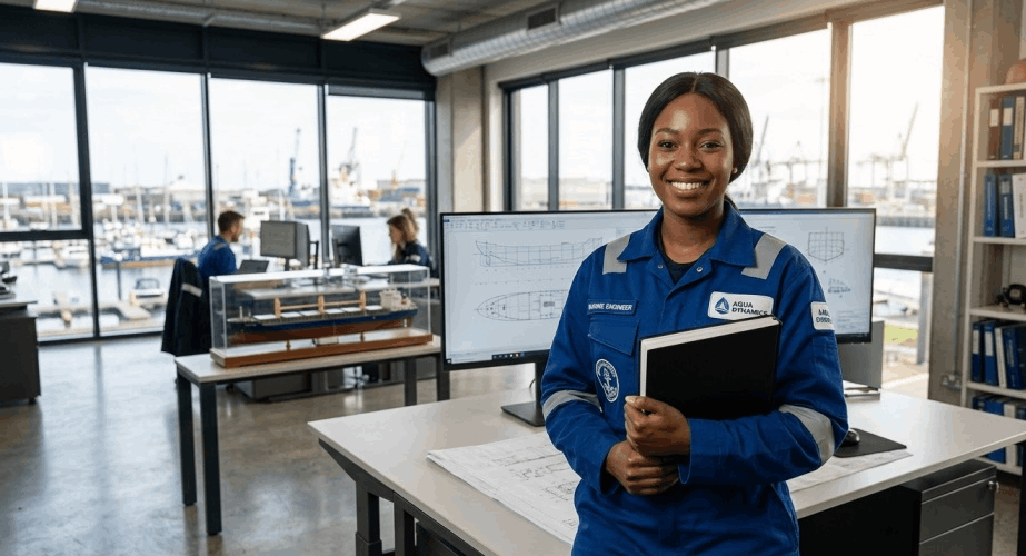 A black female marine engineer wearing a blue coveralls and holding her book while smiling